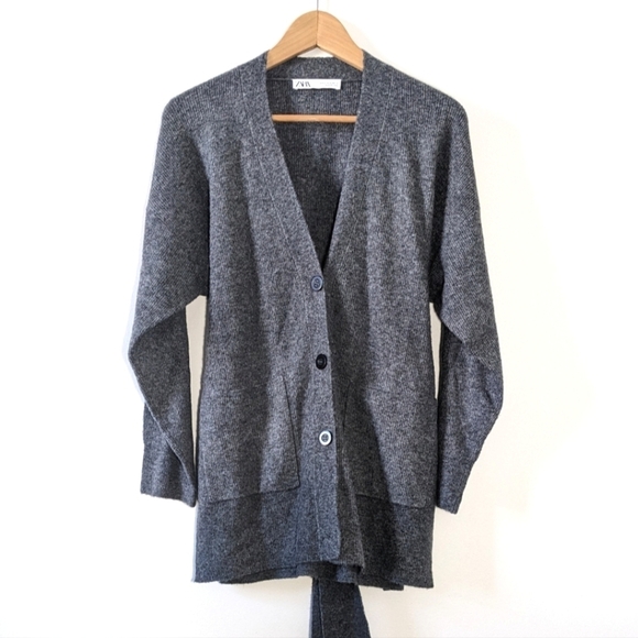 Zara Alpaca Blend Gray Cardigan Knit Sweater Belt Tie Slit Soft Cozy Size S - Picture 4 of 16